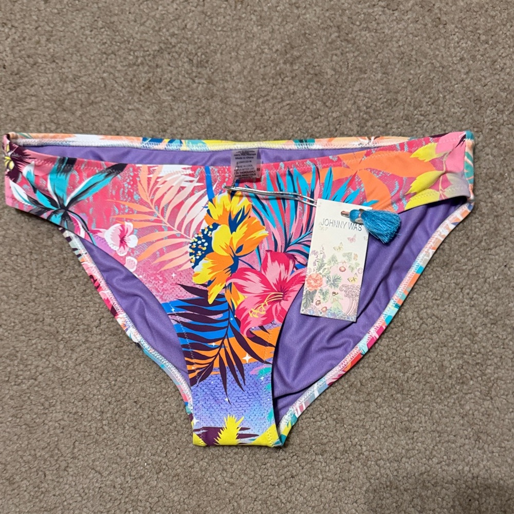 Johnny Was Vibrant Tropical Floral Bikini Bottoms - Purple, Pink, Yellow